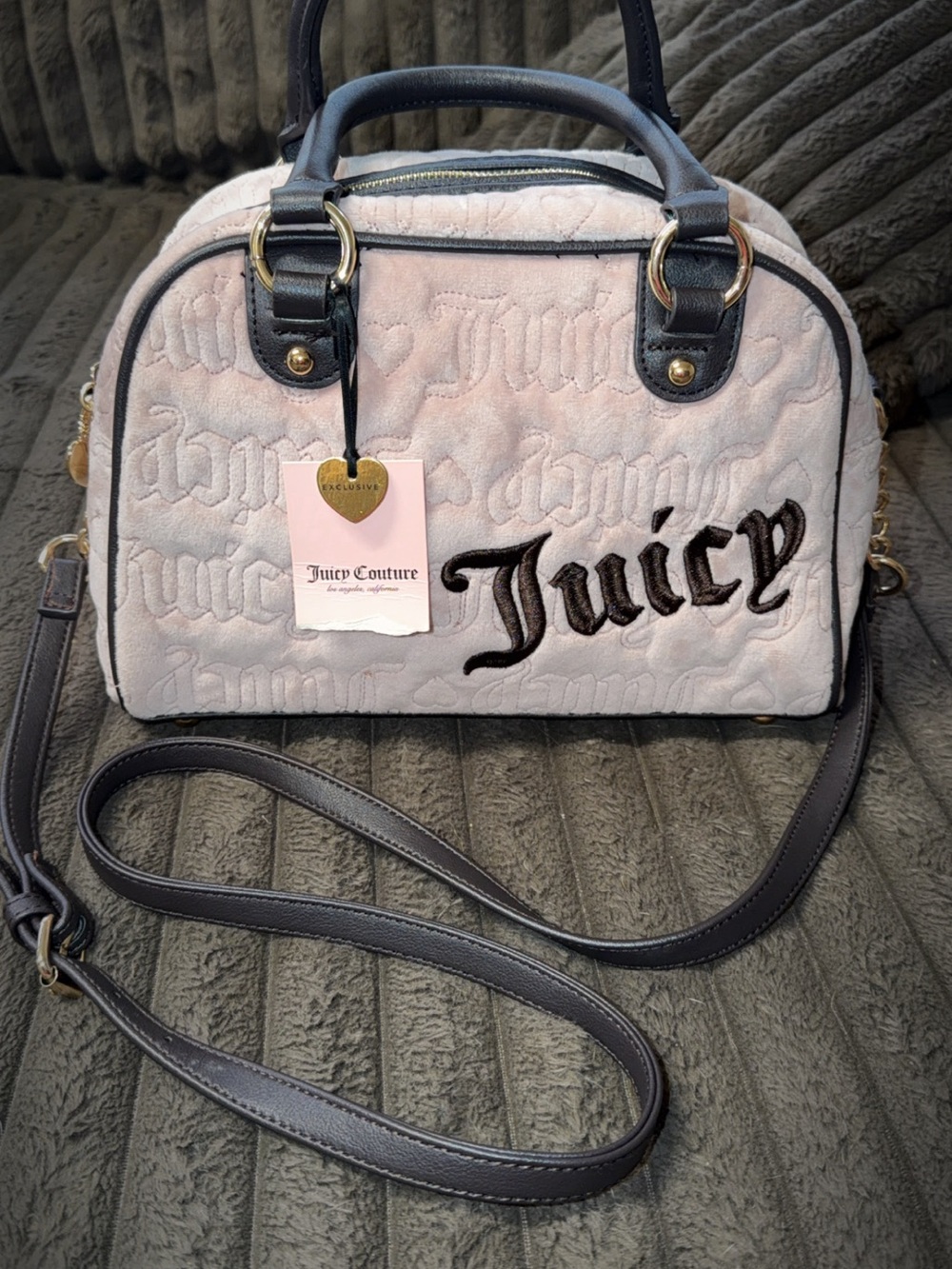 Juicy Couture Blush Pink Velvet Quilted Dome Crossbody with Black Trim